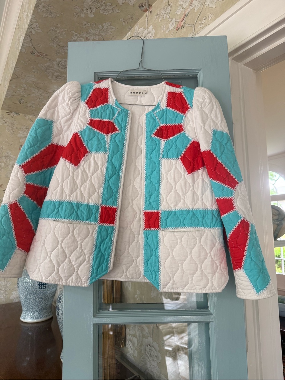 RHODE White Quilted Patchwork Jacket with Turquoise & Red
